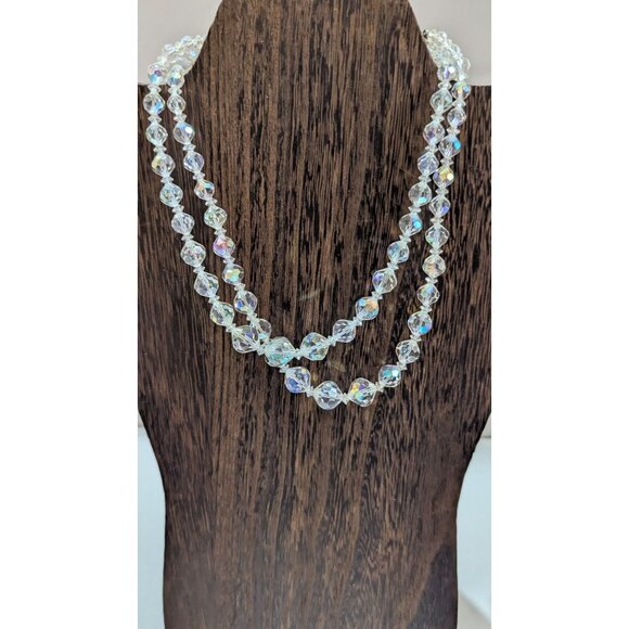 Vintage Aurora Borealis Crystal Necklace Clip-On Earring Set Double Strand Beads - Picture 2 of 7